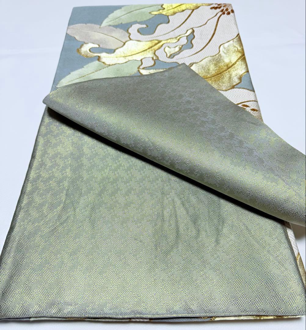 高級 袋帯 正絹 六通柄 佐賀錦 武一郎 落款入り 百合 ゴールド 唐織 ブルー