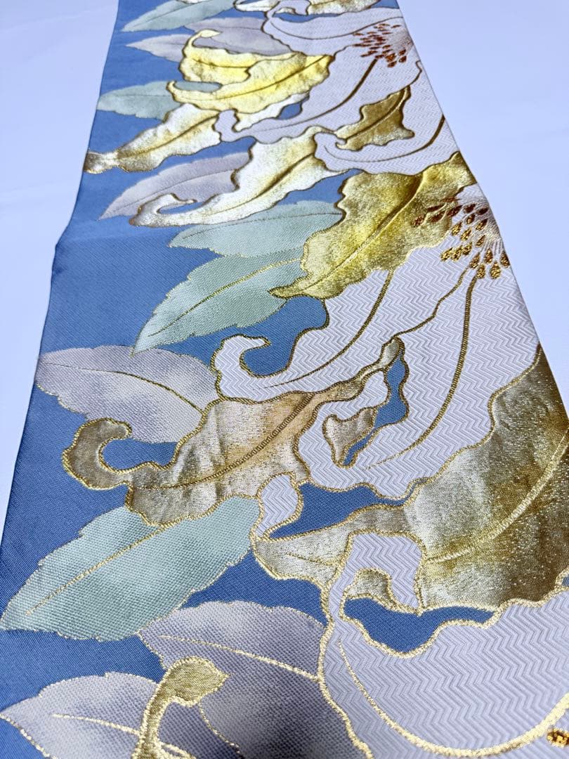 高級 袋帯 正絹 六通柄 佐賀錦 武一郎 落款入り 百合 ゴールド 唐織 ブルー