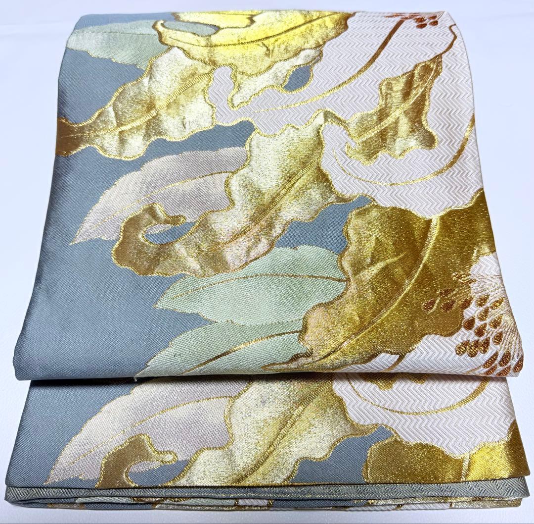 高級 袋帯 正絹 六通柄 佐賀錦 武一郎 落款入り 百合 ゴールド 唐織 ブルー