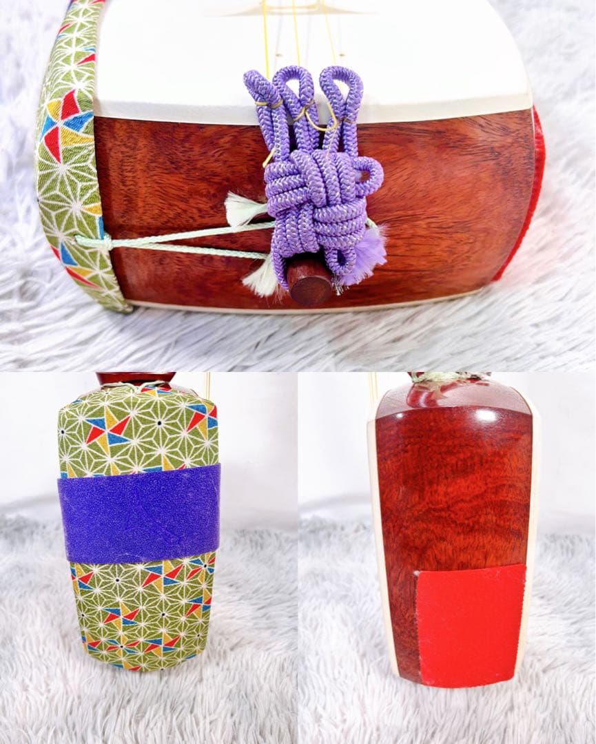 【希少】長唄三味線　細棹　花梨　正寸　丸打胴　撥付き　皮破れなし　本皮