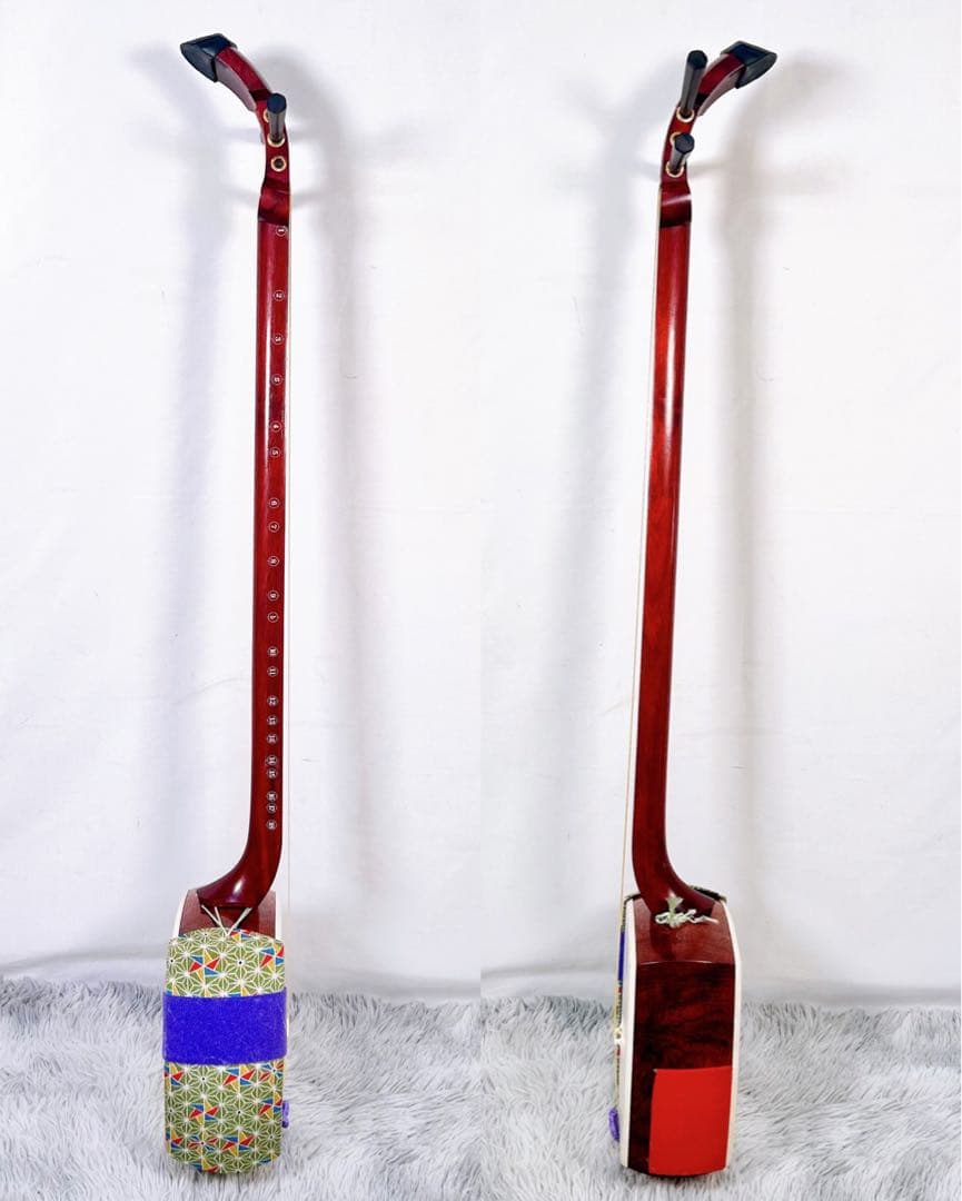 【希少】長唄三味線　細棹　花梨　正寸　丸打胴　撥付き　皮破れなし　本皮