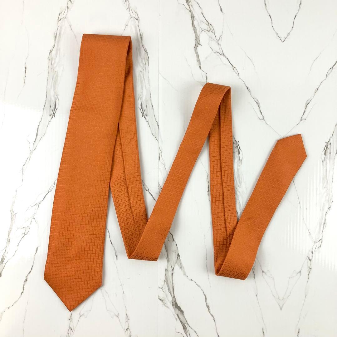 け。　極美品　エルメス　ネクタイ　ファソネ　H柄　H織　ソリッド　オレンジ