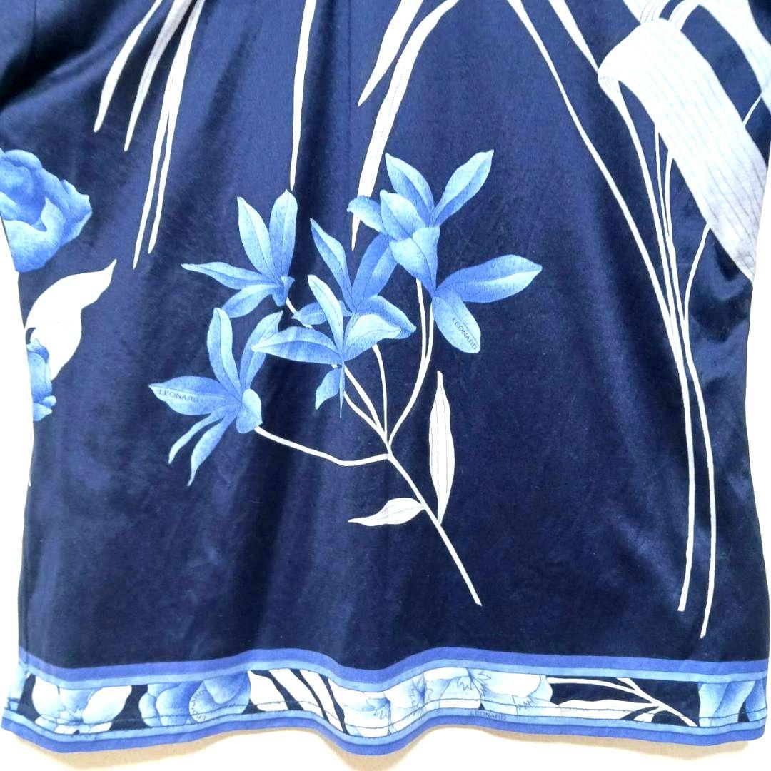 レオナール　半袖　カットソー　花柄　Tシャツ　綿　Mサイズ　濃い青
