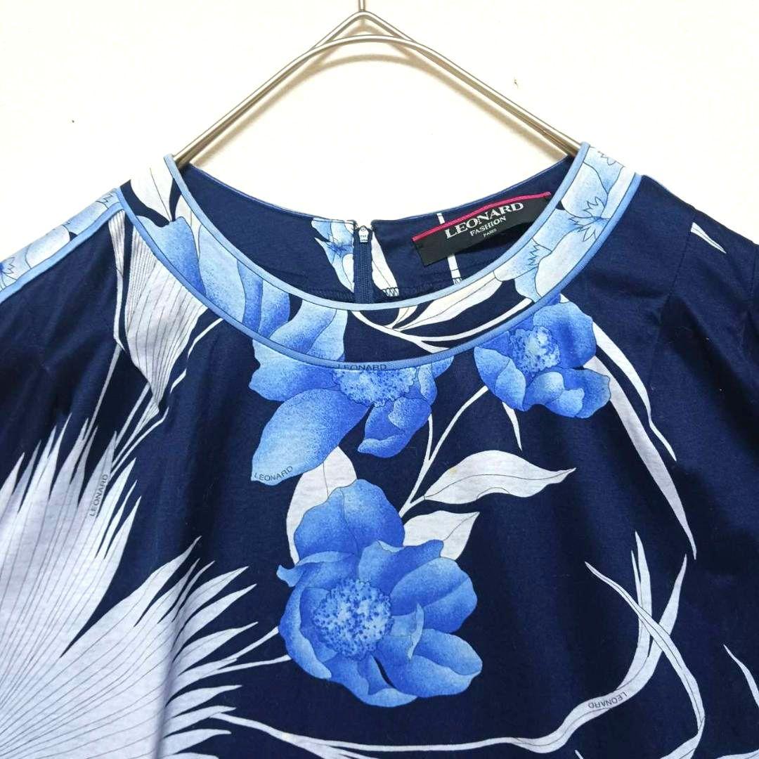 レオナール　半袖　カットソー　花柄　Tシャツ　綿　Mサイズ　濃い青
