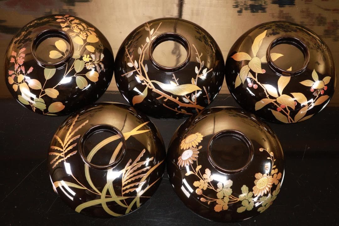 輪島塗　図替わり　草花蒔絵　吸物椀　五客　木製　BJ119