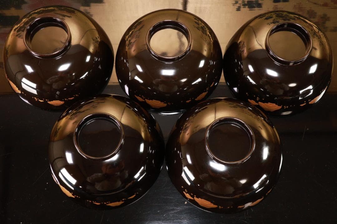 輪島塗　図替わり　草花蒔絵　吸物椀　五客　木製　BJ119