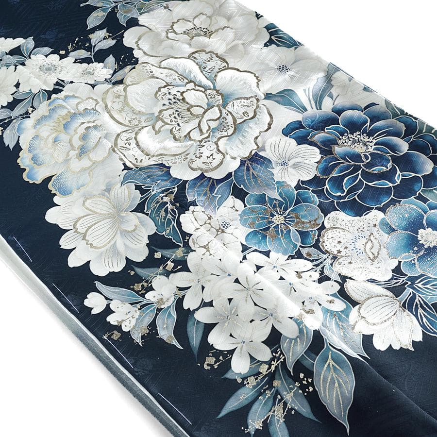 振袖フルセット　オーダー仕立て　紺色　ネイビー　刺繍　金彩加工　成人式