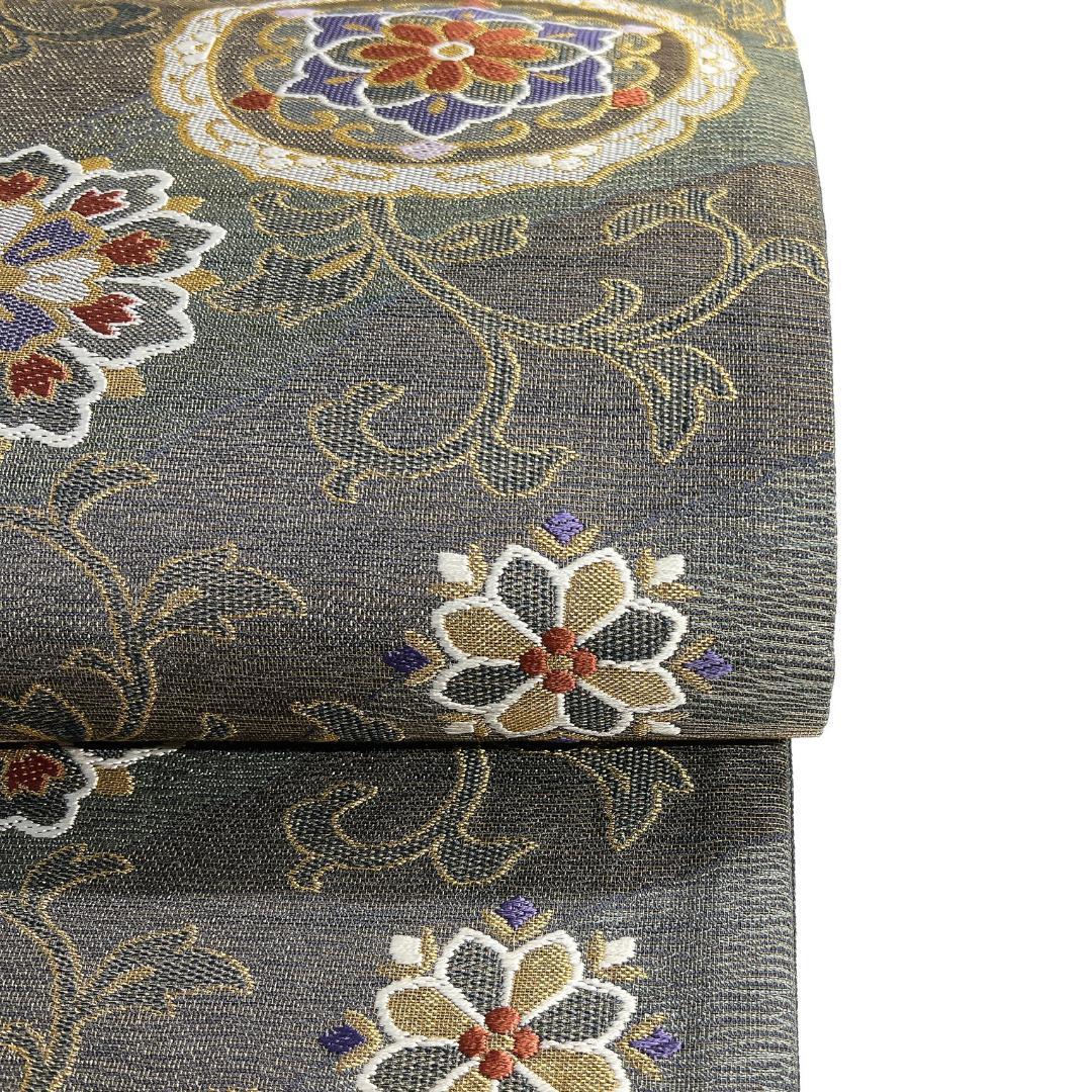 未着用　袋帯　華紋　鏡裏文様　唐草　金糸　着物　122b d ms