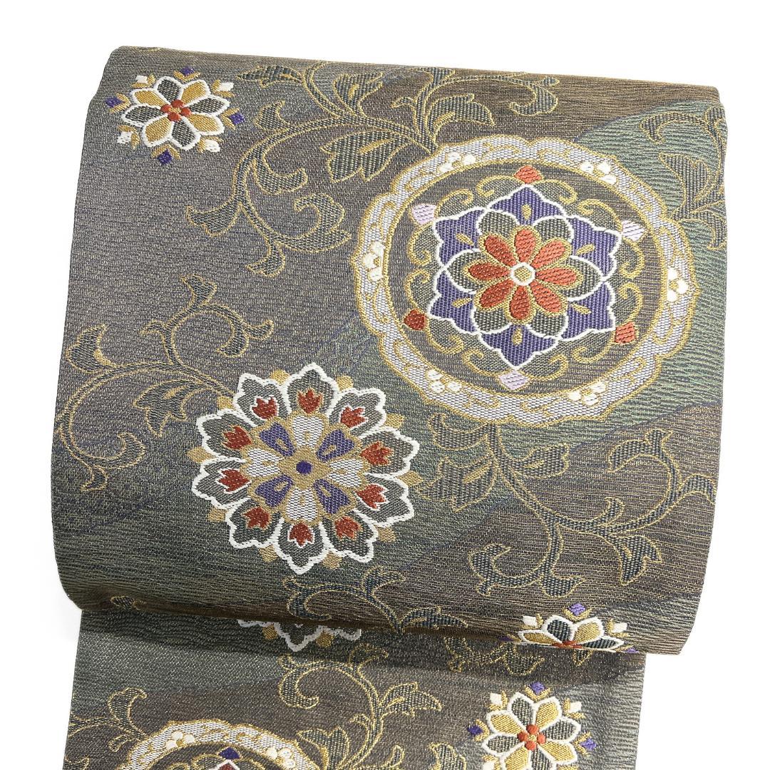 未着用　袋帯　華紋　鏡裏文様　唐草　金糸　着物　122b d ms