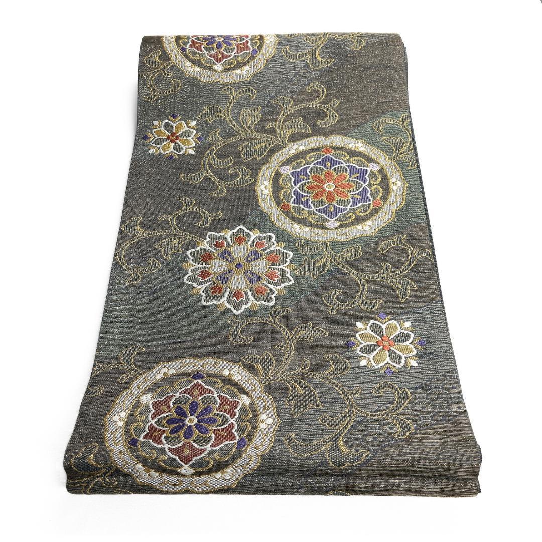 未着用　袋帯　華紋　鏡裏文様　唐草　金糸　着物　122b d ms