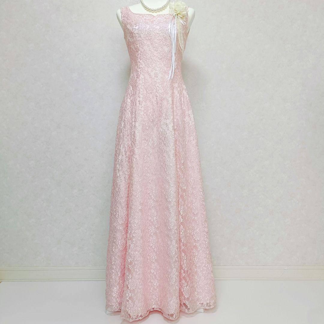 【美品】ジュネビビアン 総レース刺繍 ロングドレス イブニングドレス ピンク M