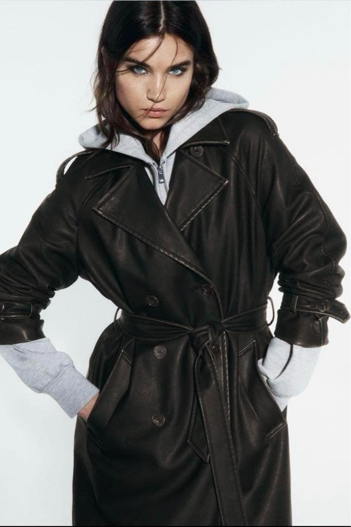 ZARA ザラ　ダメージド　フェイクレザー　トレンチコートXS