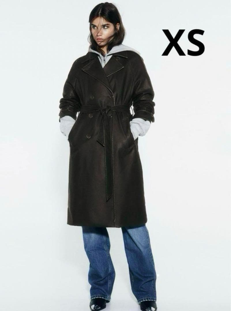 ZARA ザラ　ダメージド　フェイクレザー　トレンチコートXS