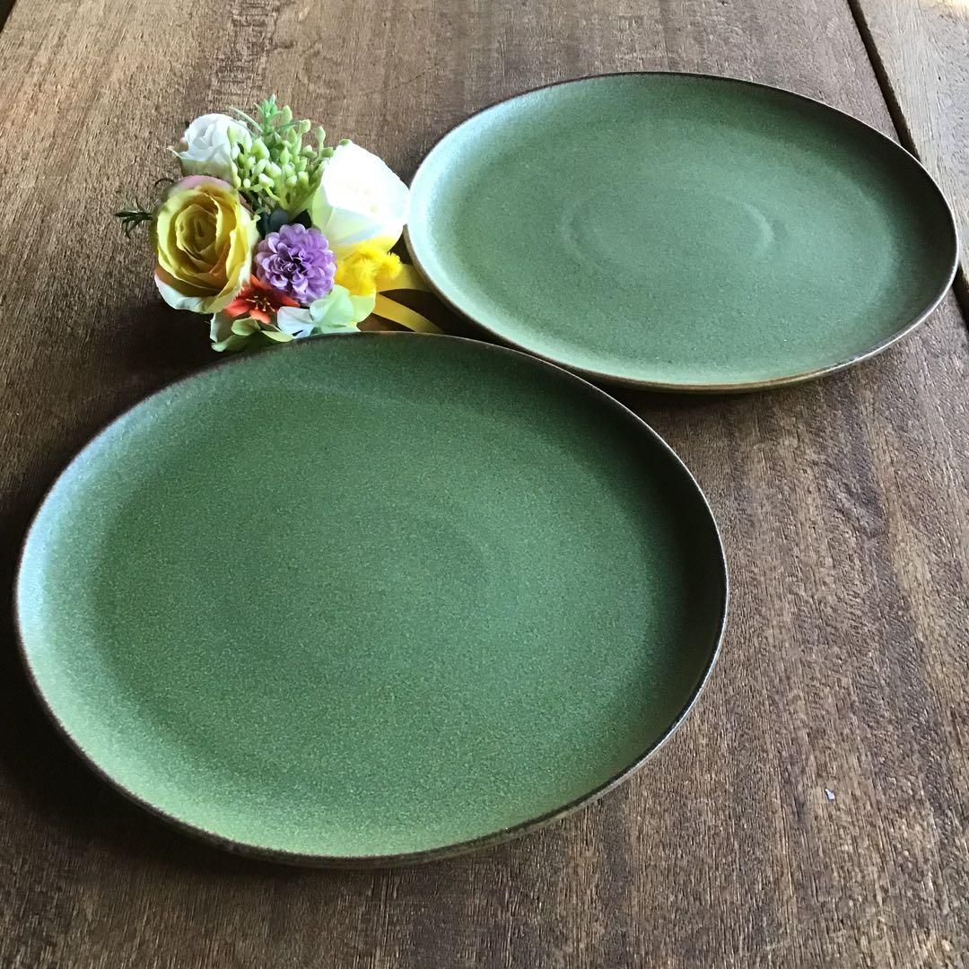 よーです。新品美濃焼　モスオリーブフラットプレート楕円皿12枚セット