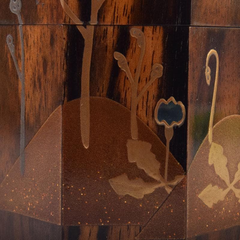 はな　茶道具　山下泰園作　黒柿製　早蕨蒔絵　八角茶器　共箱　V　8560