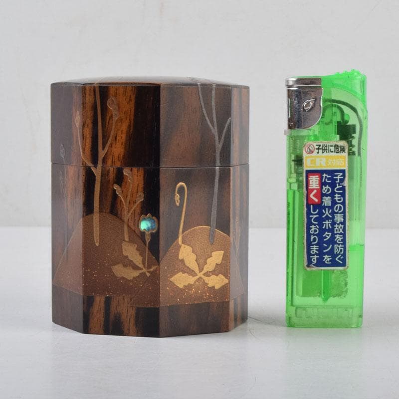 はな　茶道具　山下泰園作　黒柿製　早蕨蒔絵　八角茶器　共箱　V　8560