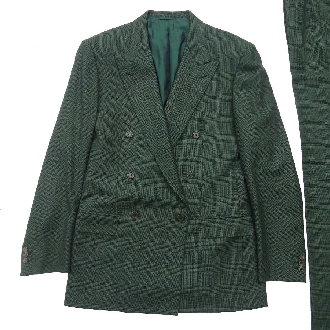 イタリア製赤タグ　ブリオーニ　Romaダブルスーツグレンチェックグリーン50刺繍