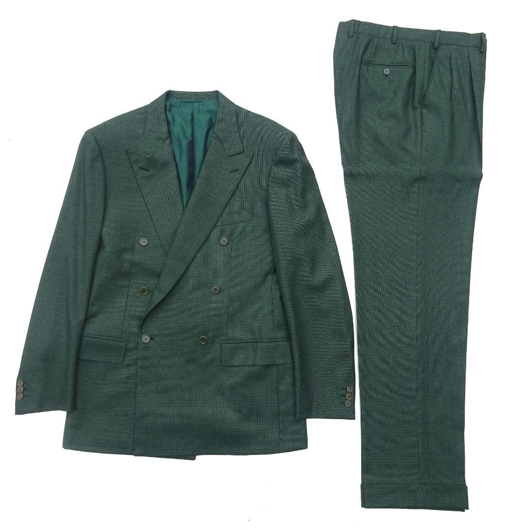 イタリア製赤タグ　ブリオーニ　Romaダブルスーツグレンチェックグリーン50刺繍