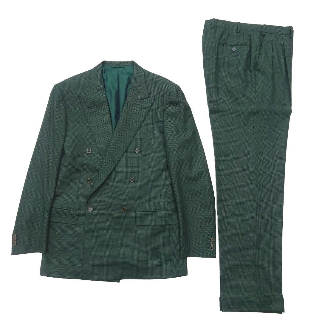 イタリア製赤タグ　ブリオーニ　Romaダブルスーツグレンチェックグリーン50刺繍