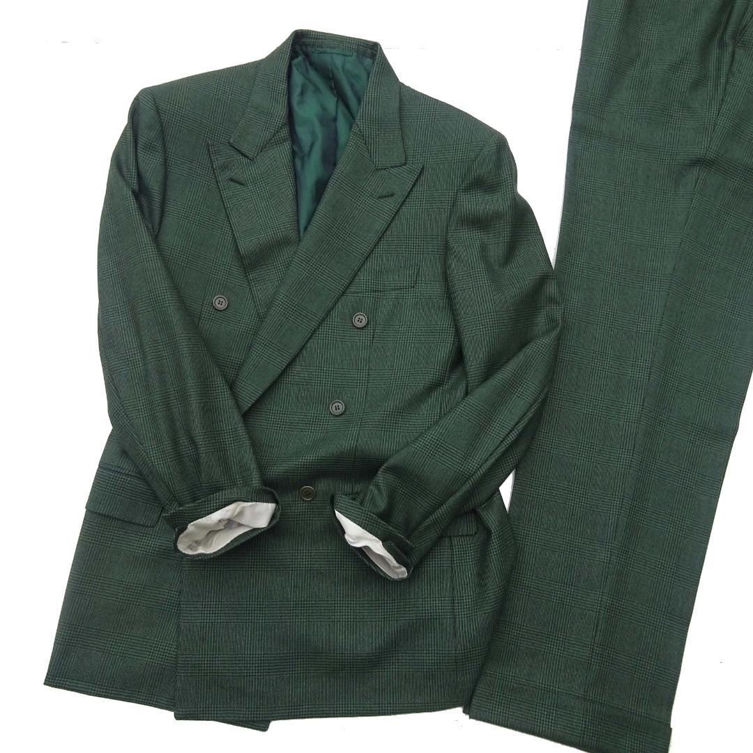 イタリア製赤タグ　ブリオーニ　Romaダブルスーツグレンチェックグリーン50刺繍