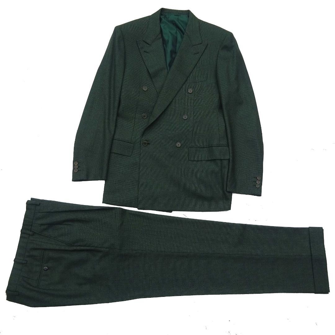 イタリア製赤タグ　ブリオーニ　Romaダブルスーツグレンチェックグリーン50刺繍