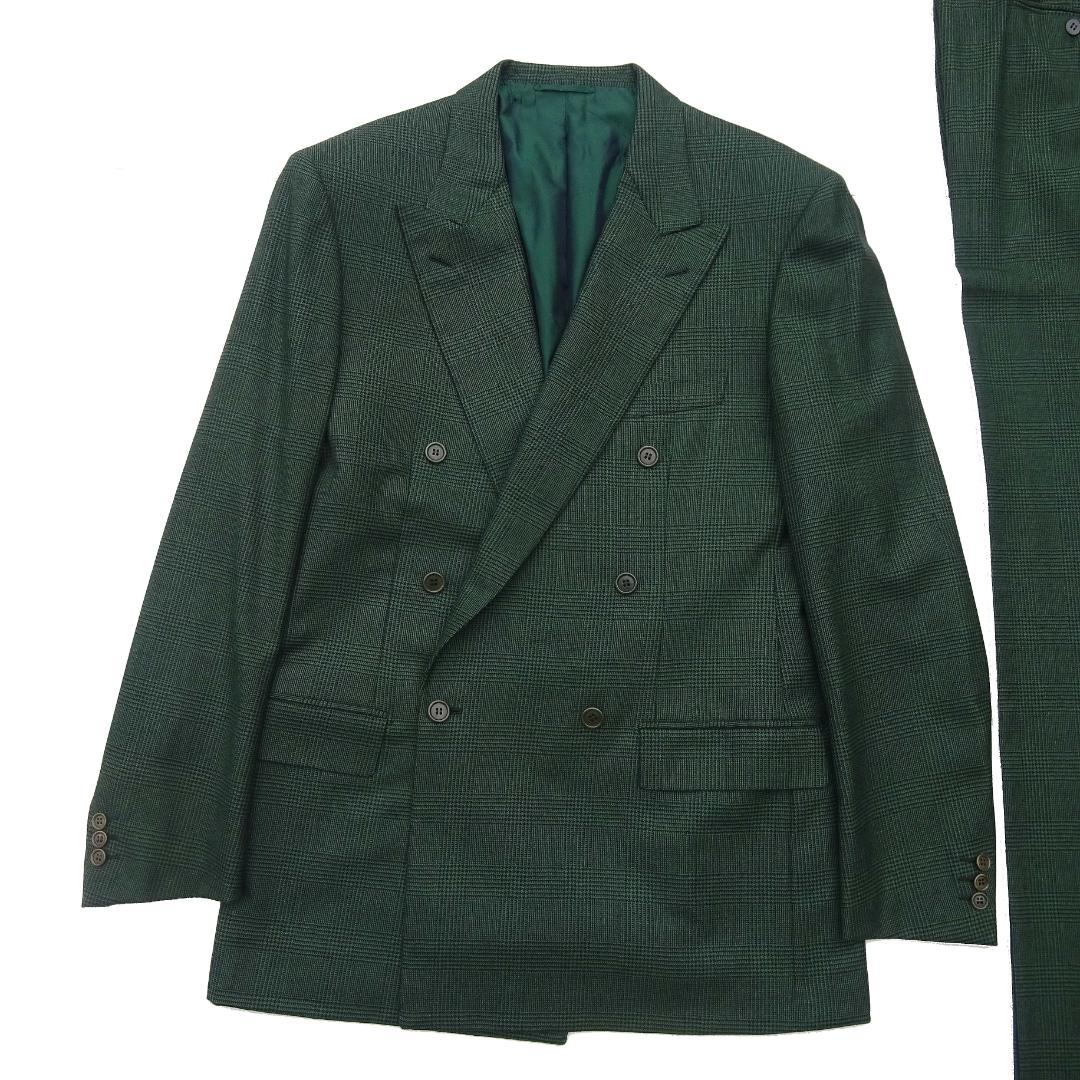 イタリア製赤タグ　ブリオーニ　Romaダブルスーツグレンチェックグリーン50刺繍