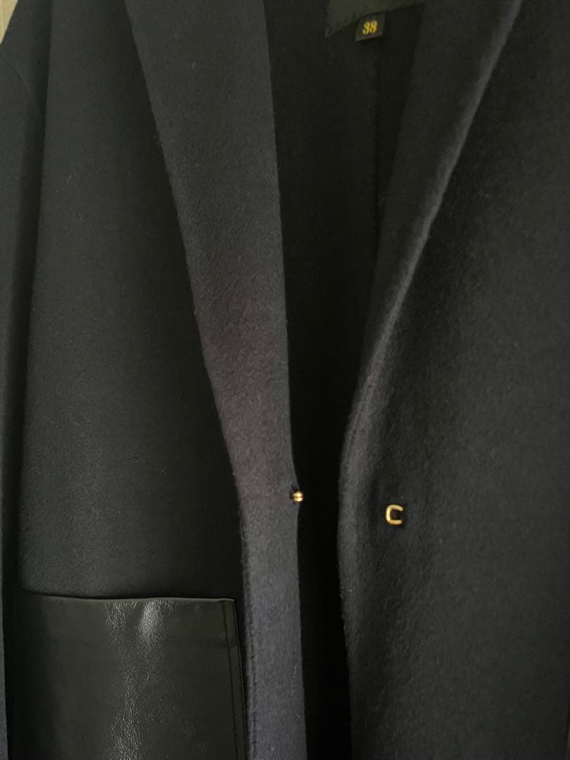 Drawer ドゥロワー チェスターコート レザーポケット ネイビー 紺 38