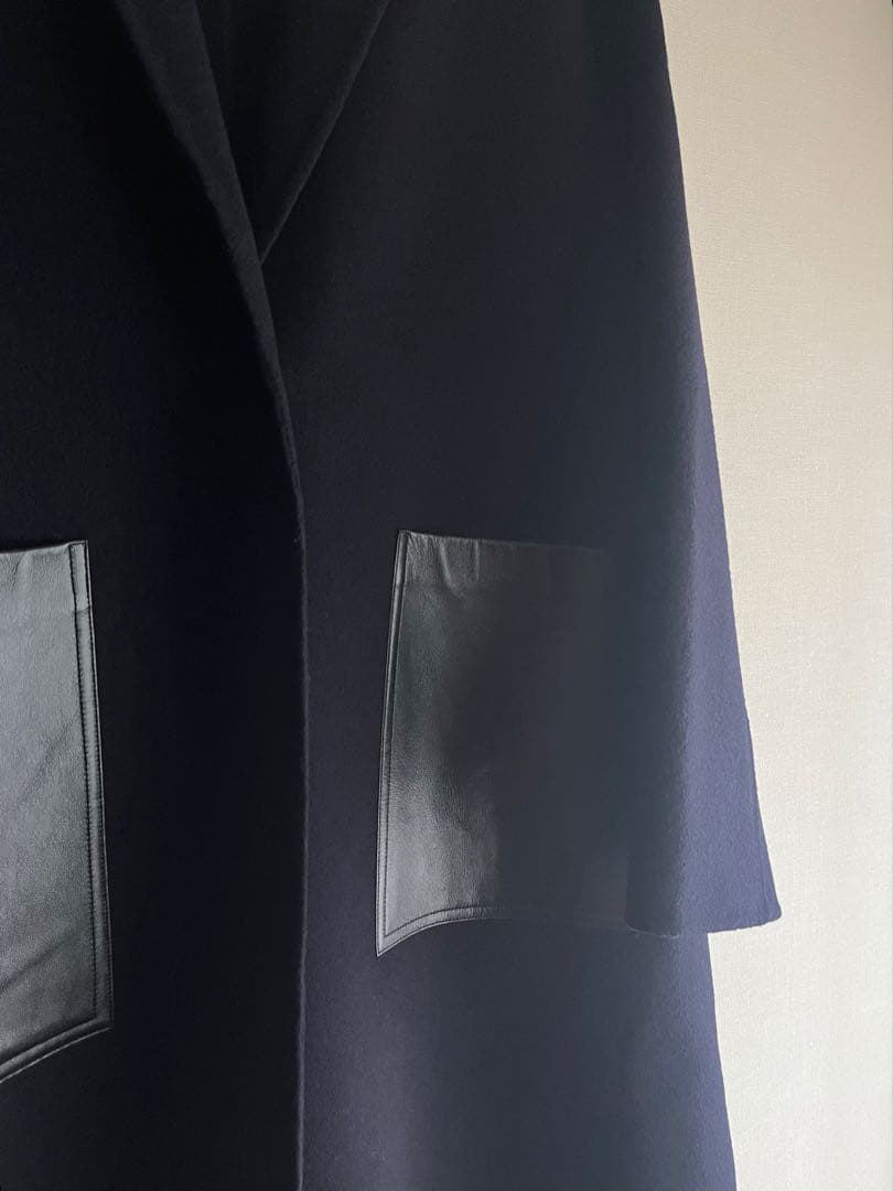 Drawer ドゥロワー チェスターコート レザーポケット ネイビー 紺 38