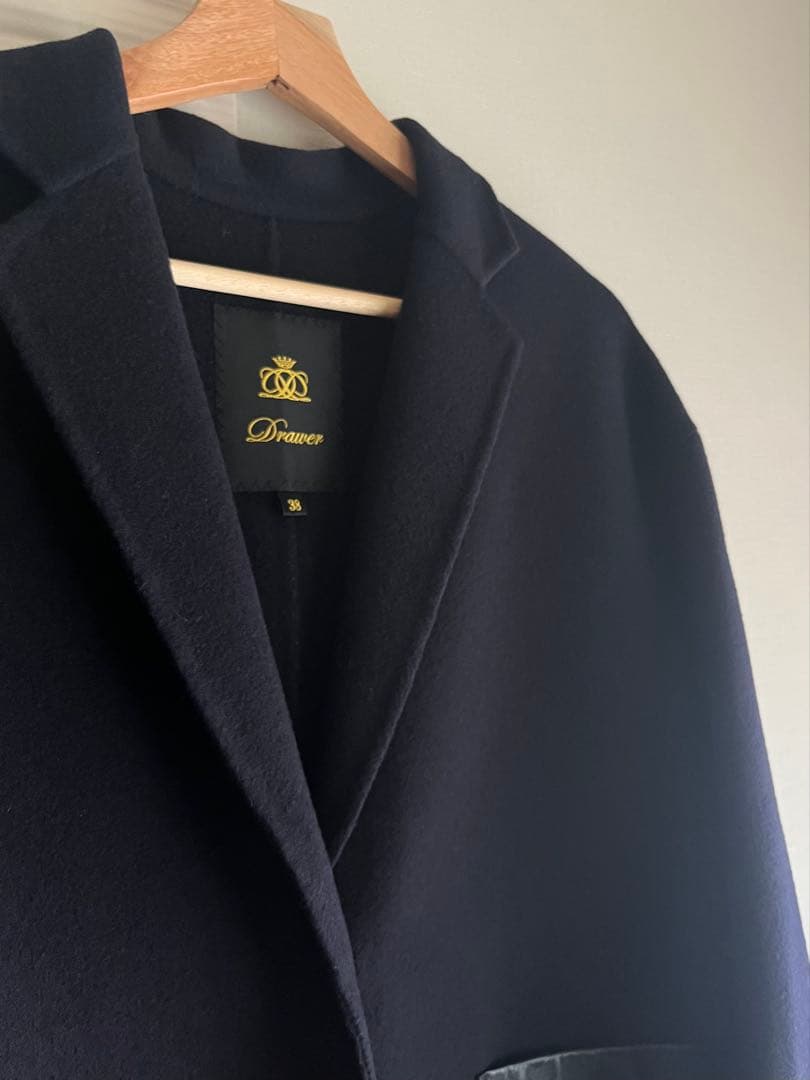 Drawer ドゥロワー チェスターコート レザーポケット ネイビー 紺 38