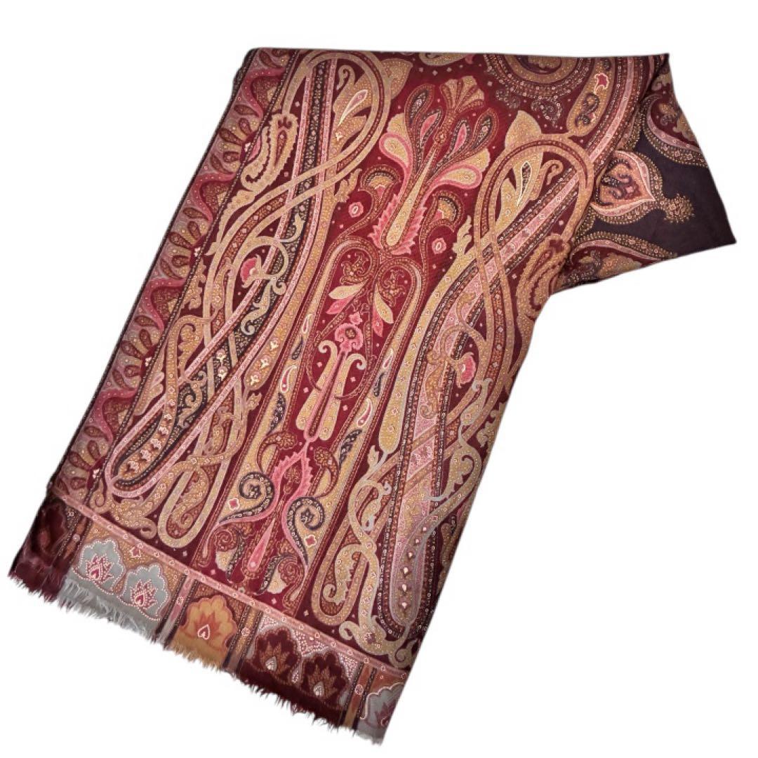 極美品✨エトロ ストールペイズリーボルドーイタリア製ウールシルクレディース大判