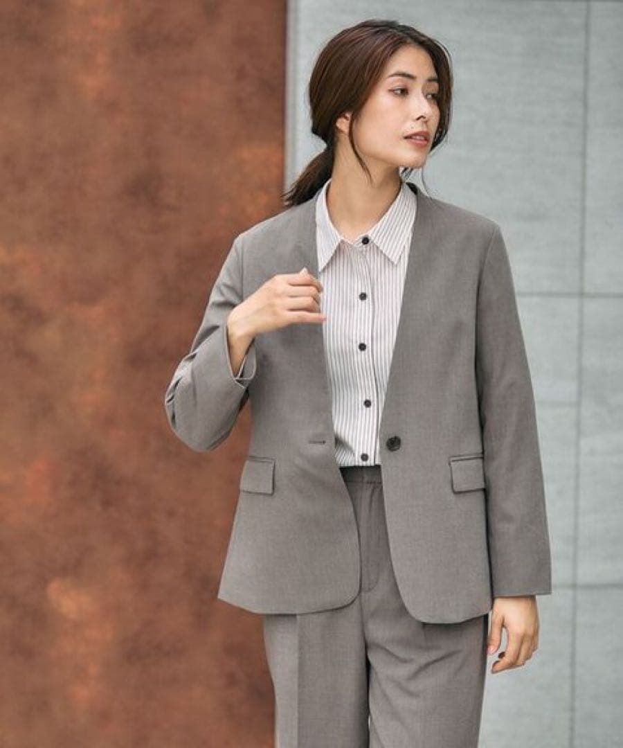 GLOBAL WORK ウツクシルエットノーカラージャケット モカ