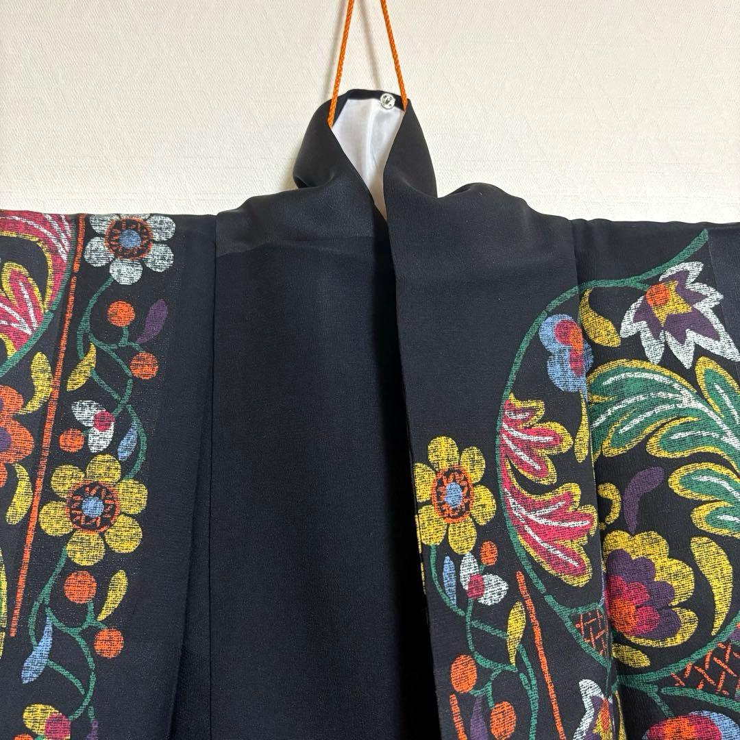 【振袖】 個性的な花模様 市松紋様 着物 袷 小振袖 身丈約159cm