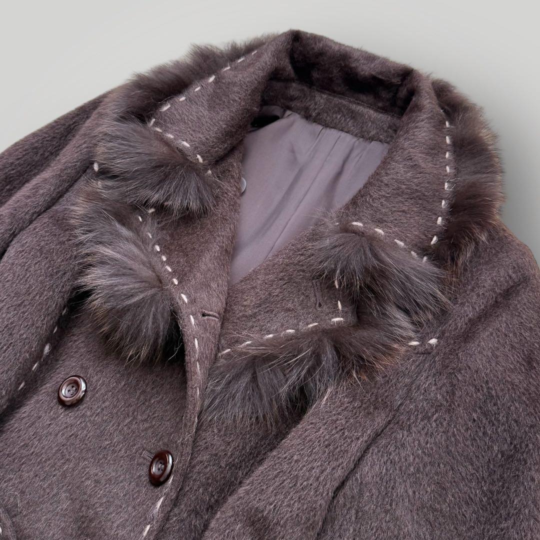 本毛皮☆フォックス アルパカ ベルテッドコート マキシ丈 120㎝ ブラウン