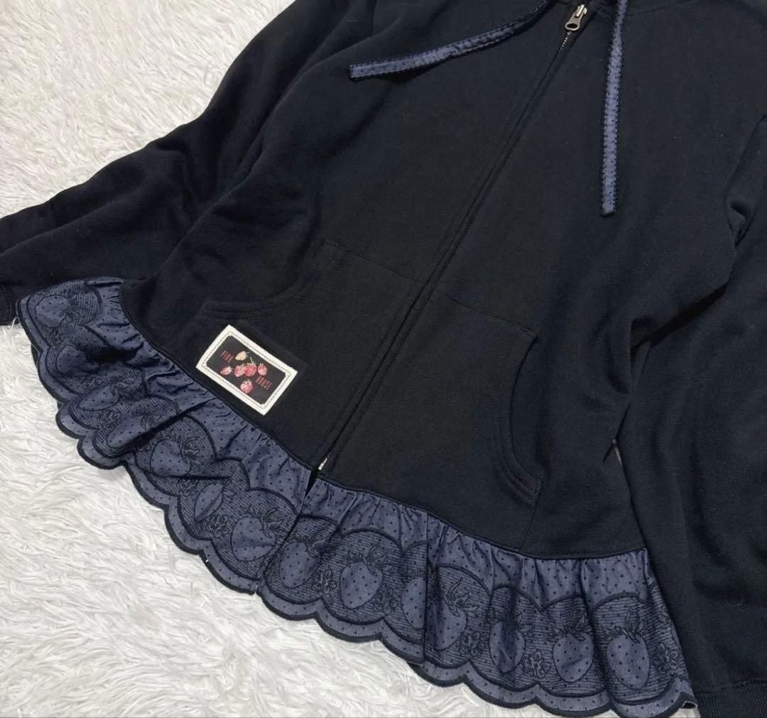 ピンクハウス いちごステッチレース使いパーカー ブラック フード Ｌ