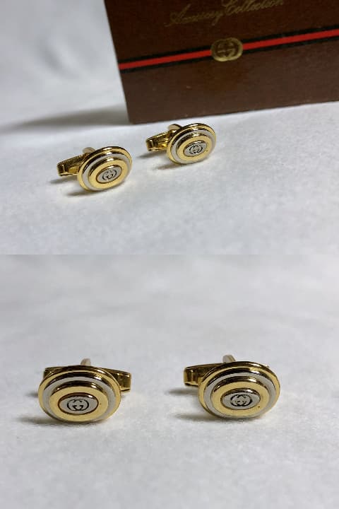 正規良 グッチ ヴィンテージ インターロッキング オーバルGGロゴカフス 金×銀