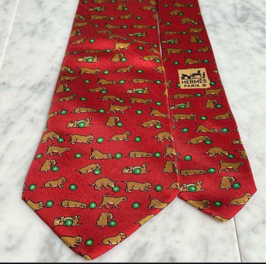 HERMES ネクタイ レッド 動物柄 フランス製 ボール柄 ドット 総柄