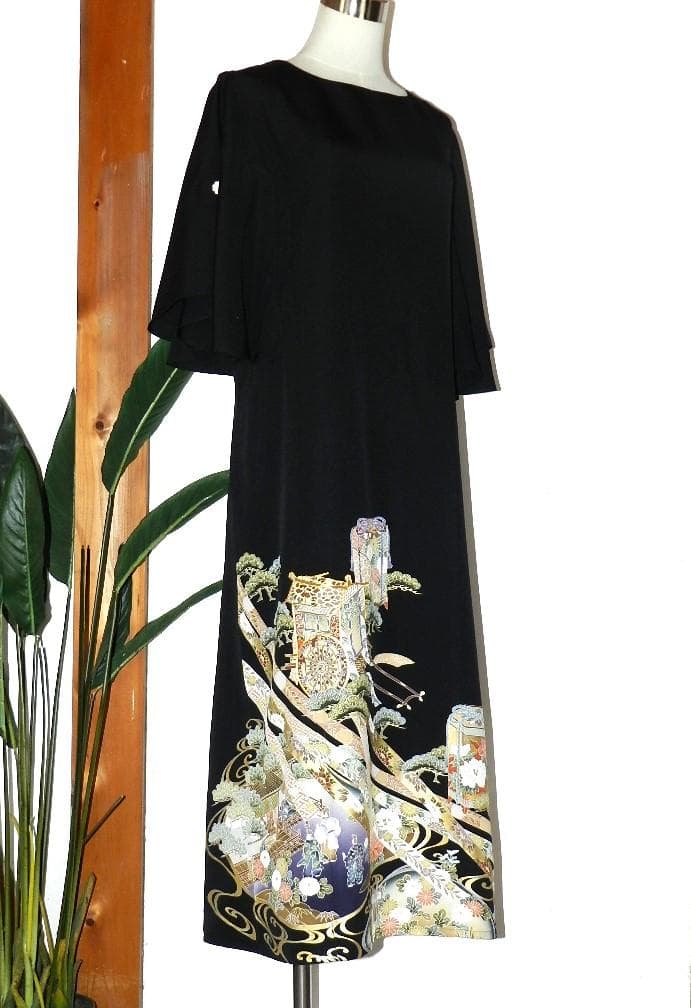 留袖　ワンピース　ドレス　フレアー袖　手書き友禅染　正絹　460　夢ちりめん