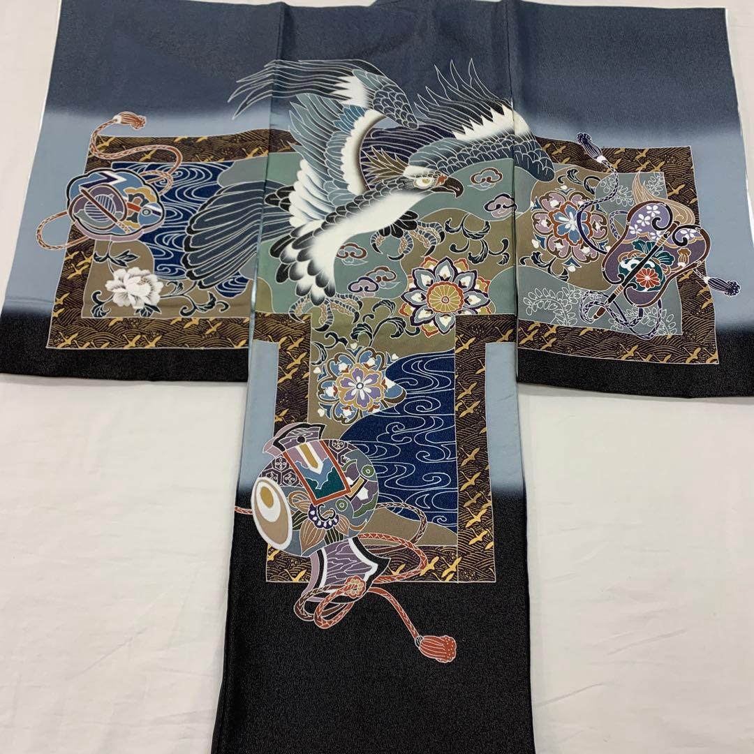 筋肉 新品正絹産着京友禅手描き美術金通し生地仕様、特選大鷹と祝い小槌古典文