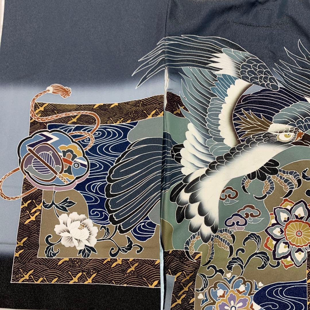 筋肉 新品正絹産着京友禅手描き美術金通し生地仕様、特選大鷹と祝い小槌古典文
