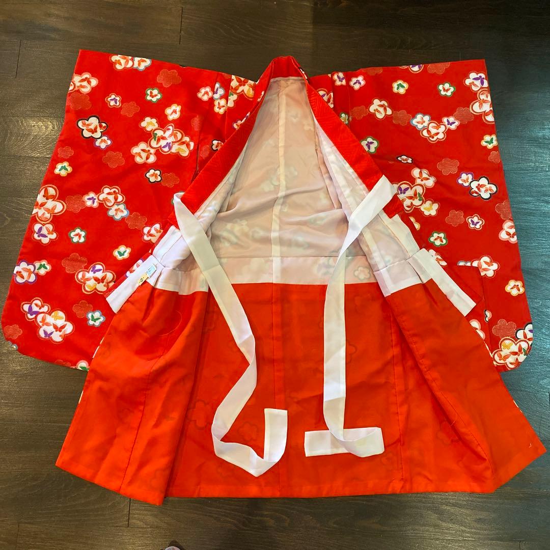 アンティーク 七五三 三歳 着物 被布 小物一色 フルセット 朱赤 蝶々 梅