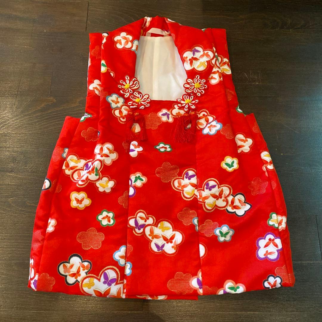 アンティーク 七五三 三歳 着物 被布 小物一色 フルセット 朱赤 蝶々 梅