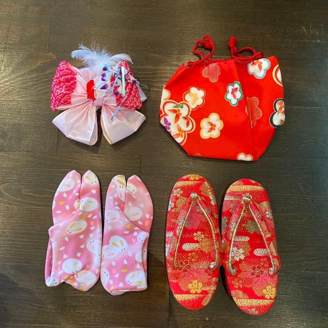 アンティーク 七五三 三歳 着物 被布 小物一色 フルセット 朱赤 蝶々 梅