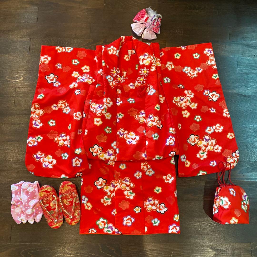 アンティーク 七五三 三歳 着物 被布 小物一色 フルセット 朱赤 蝶々 梅