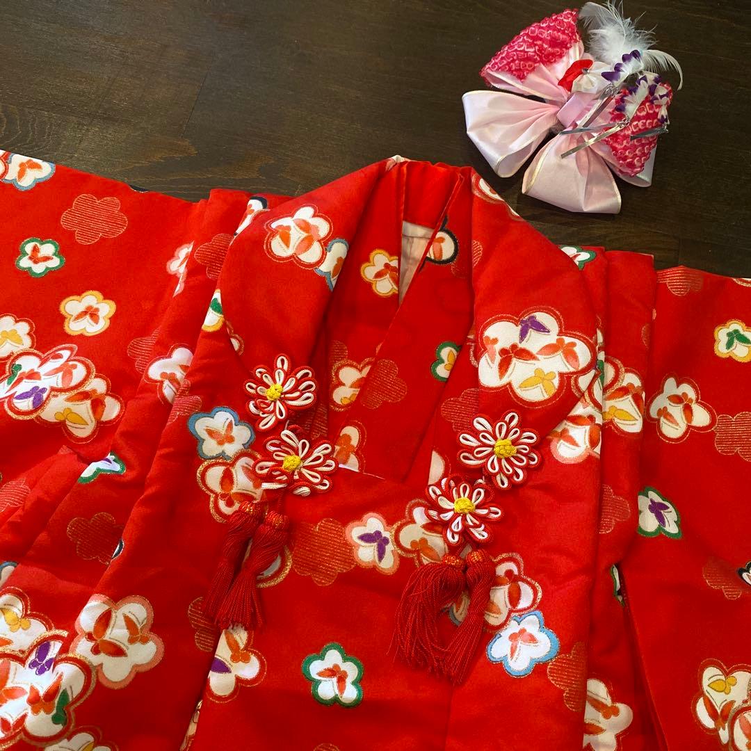 アンティーク 七五三 三歳 着物 被布 小物一色 フルセット 朱赤 蝶々 梅