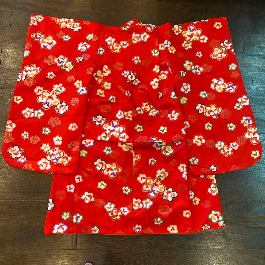 アンティーク 七五三 三歳 着物 被布 小物一色 フルセット 朱赤 蝶々 梅