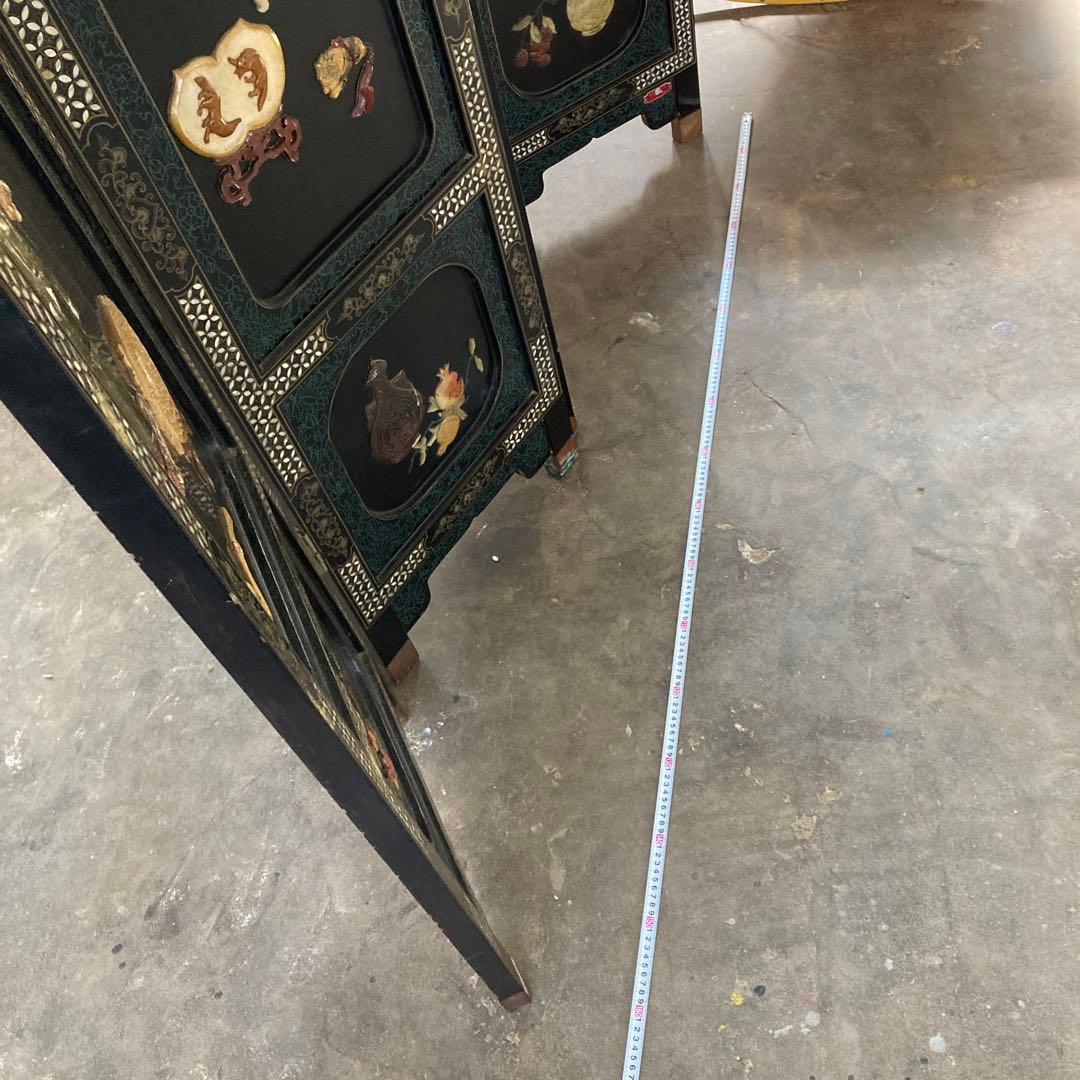 ひ*貨様 高級 天水中国 飛天漆器 螺鈿彫刻 屏風 天然木 4枚 パーテーション