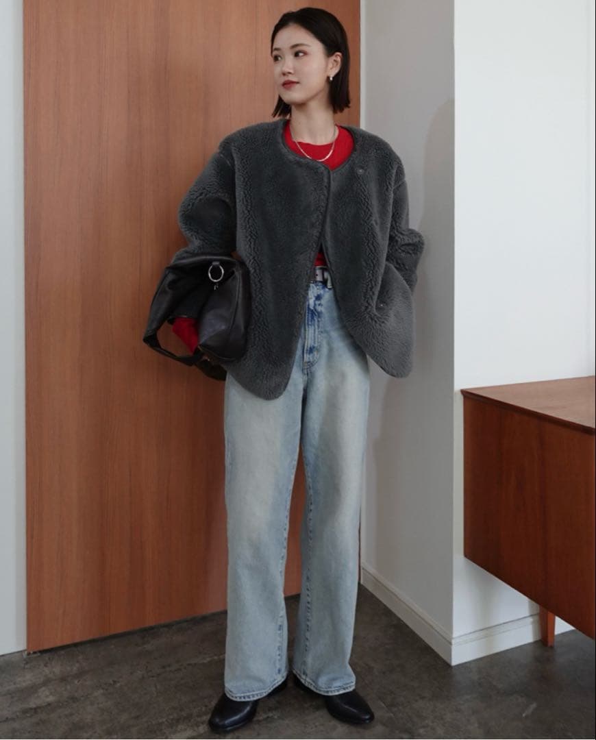 アクテ　ボアミドルブルゾン　チャコールグレー　フリーサイズ