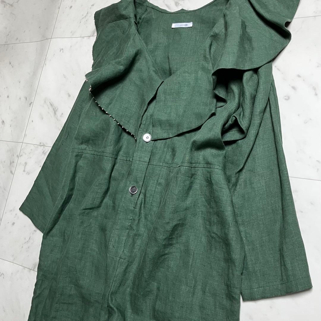 nuno.ヌーノ泉谷恭子 フリル リネン ビックカラー グリーン サロペット