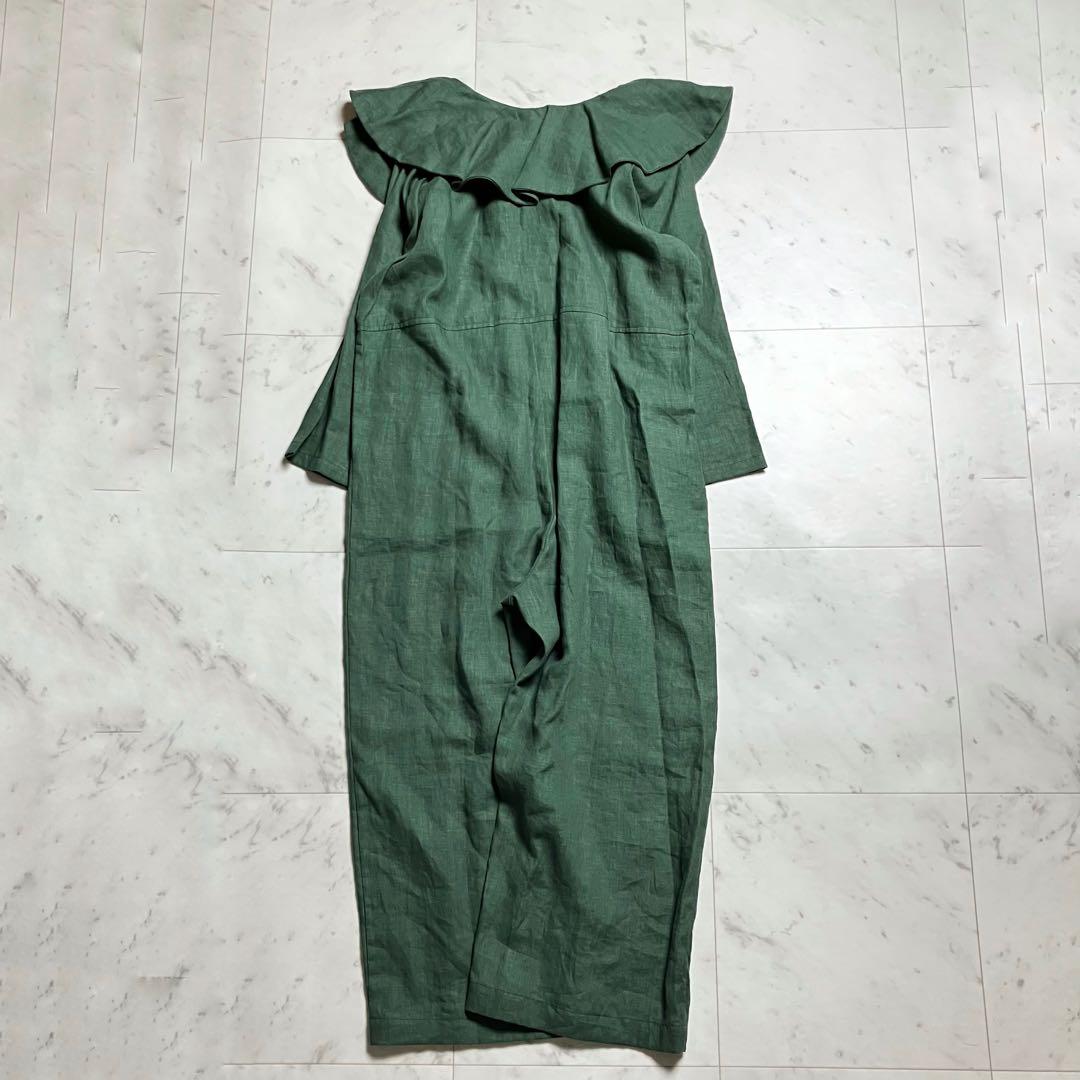 nuno.ヌーノ泉谷恭子 フリル リネン ビックカラー グリーン サロペット