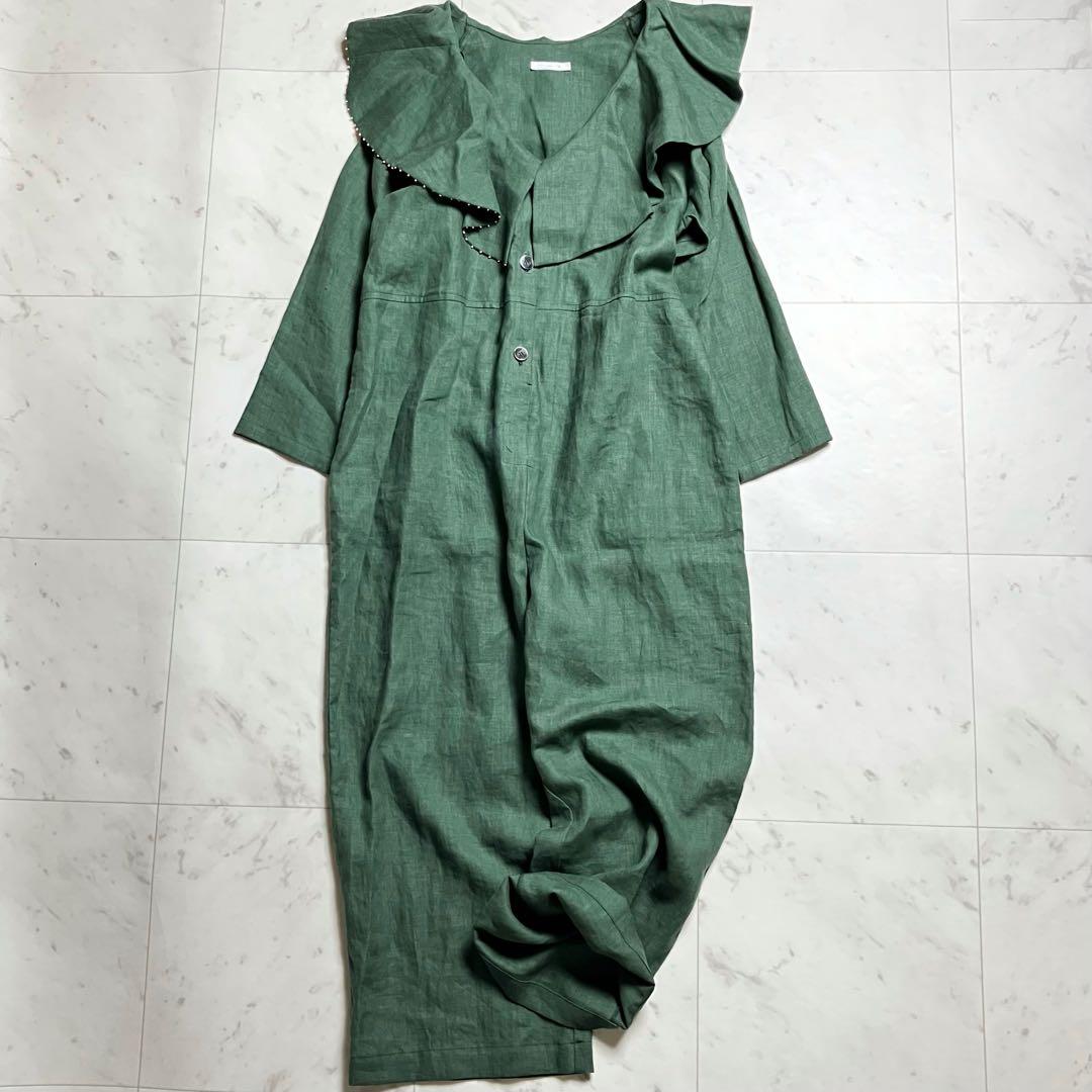 nuno.ヌーノ泉谷恭子 フリル リネン ビックカラー グリーン サロペット